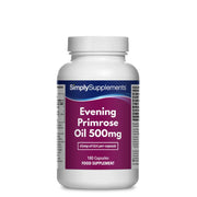 Flacon de compléments alimentaires portant l'étiquette « Huile d'Onagre 500mg Simply Supplements », de couleur violette sur fond blanc.
