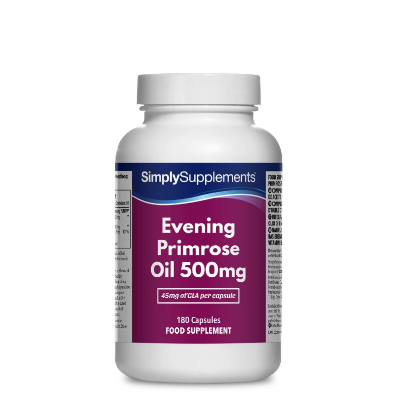 Flacon de compléments alimentaires portant l'étiquette « Huile d'Onagre 500mg Simply Supplements », de couleur violette sur fond blanc.
