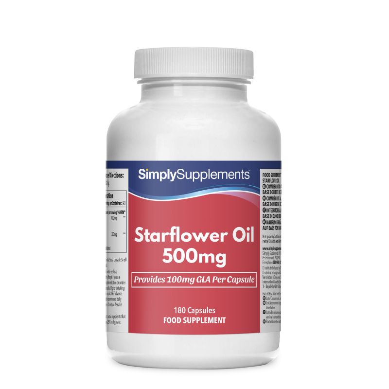 Flacon de compléments alimentaires portant l'étiquette «Huile de Bourrache 500mg Simply Supplements », de couleur rouge sur fond blanc.
