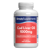 Flacon de compléments alimentaires portant l'étiquette « Huile de Foie de Morue 1000mg Simply Supplements », de couleur rouge sur fond blanc.

