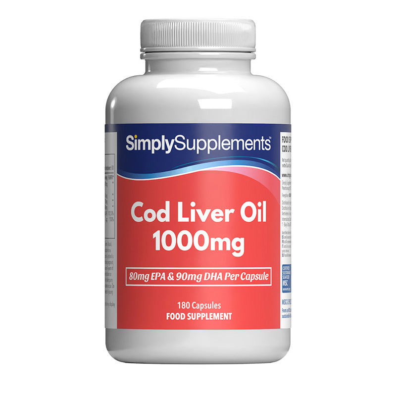 Flacon de compléments alimentaires portant l'étiquette « Huile de Foie de Morue 1000mg Simply Supplements », de couleur rouge sur fond blanc.
