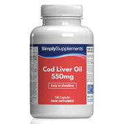 Flacon de compléments alimentaires portant l'étiquette « Huile de Foie de Morue 550mg Simply Supplements », de couleur rouge sur fond blanc.
