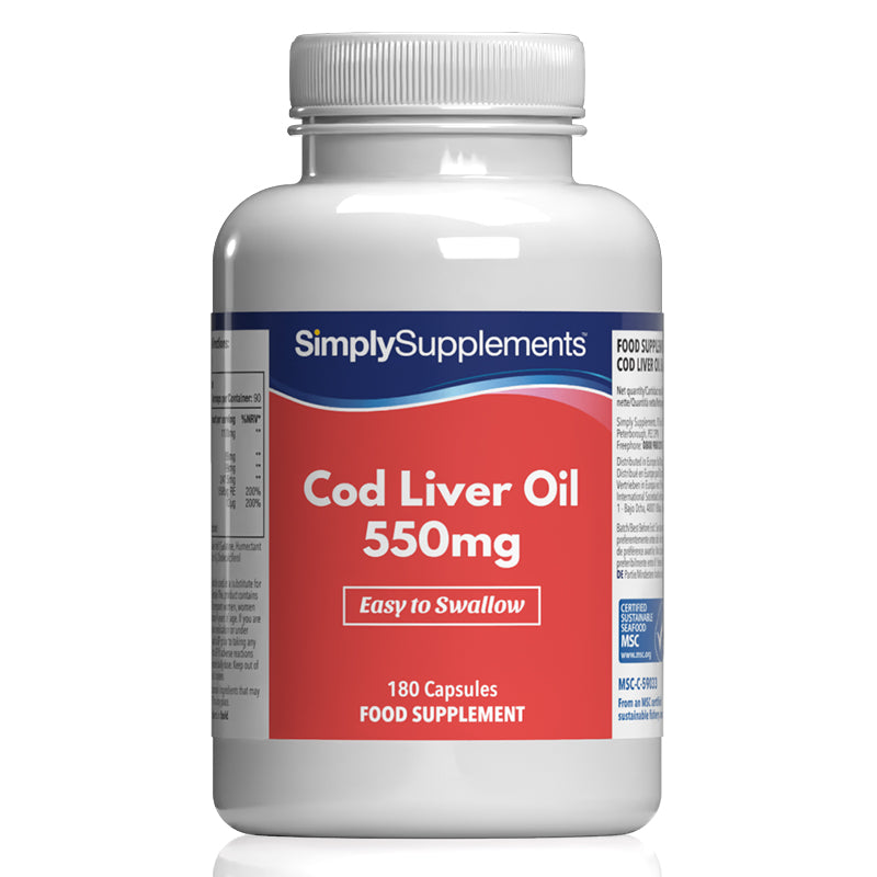 Flacon de compléments alimentaires portant l'étiquette « Huile de Foie de Morue 550mg Simply Supplements », de couleur rouge sur fond blanc.
