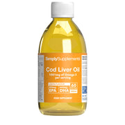 Flacon de compléments alimentaires portant l'étiquette « Huile de Foie de Morue Liquide Simply Supplements », de couleur jaune sur fond blanc.
