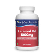 Flacon de compléments alimentaires portant l'étiquette « Huile de Lin 1000mg Simply Supplements », de couleur rouge sur fond blanc.
