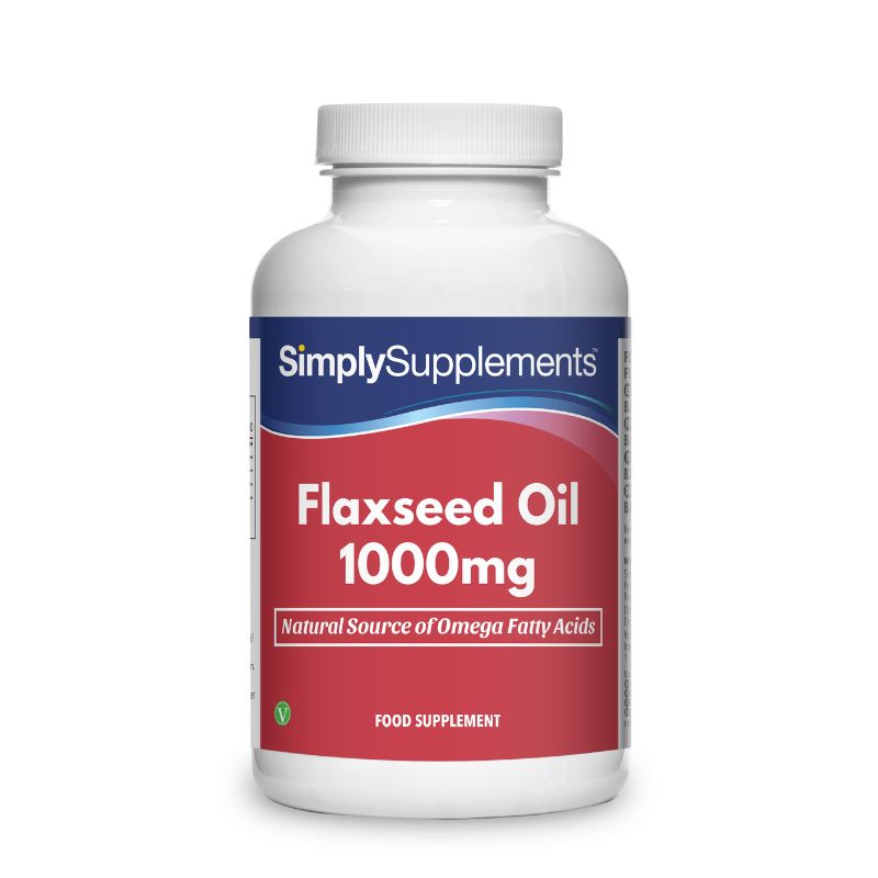 Flacon de compléments alimentaires portant l'étiquette « Huile de Lin 1000mg Simply Supplements », de couleur rouge sur fond blanc.
