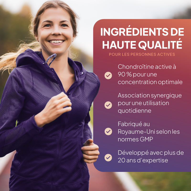 Une femme souriante, vêtue d'une veste de sport violette, court en plein air à côté d'un grand panneau en français vantant des ingrédients de haute qualité destinés aux personnes actives.