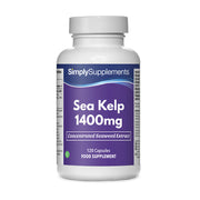 Flacon de compléments alimentaires portant l'étiquette « Kelp (Varech) 1400mg Simply Supplements », de couleur violette sur fond blanc.
