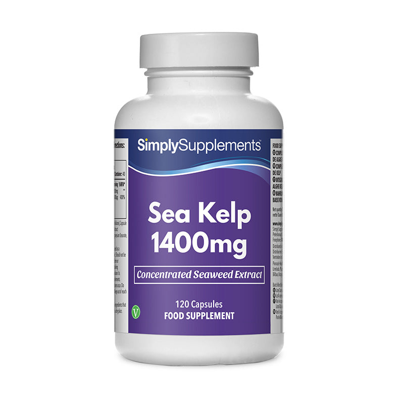 Flacon de compléments alimentaires portant l'étiquette « Kelp (Varech) 1400mg Simply Supplements », de couleur violette sur fond blanc.
