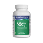 Flacon de compléments alimentaires portant l'étiquette « L-Choline 500mg Simply Supplements », de couleur vert  sur fond blanc.
