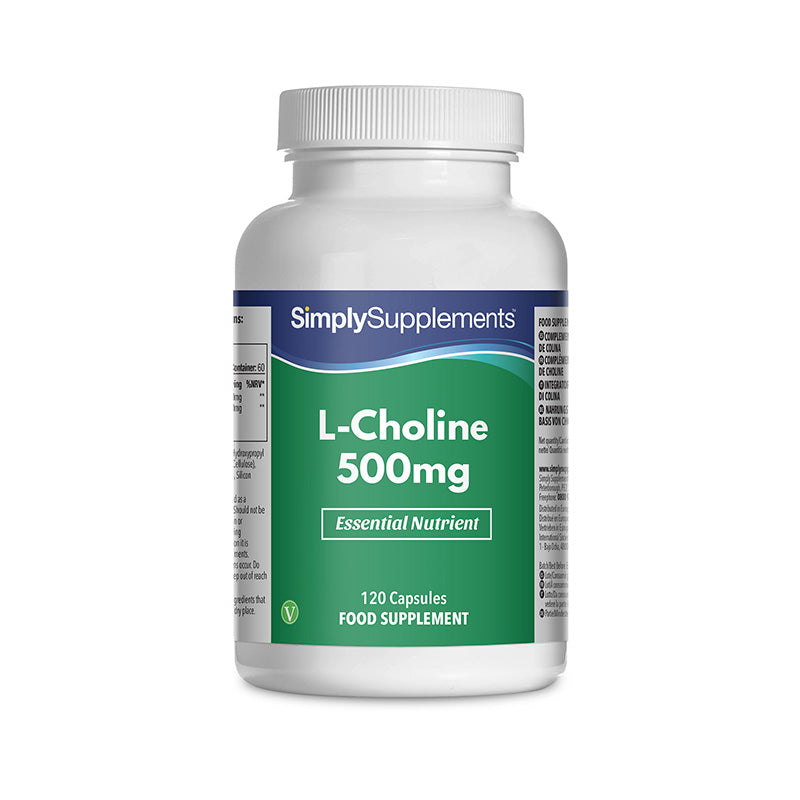 Flacon de compléments alimentaires portant l'étiquette « L-Choline 500mg Simply Supplements », de couleur vert  sur fond blanc.
