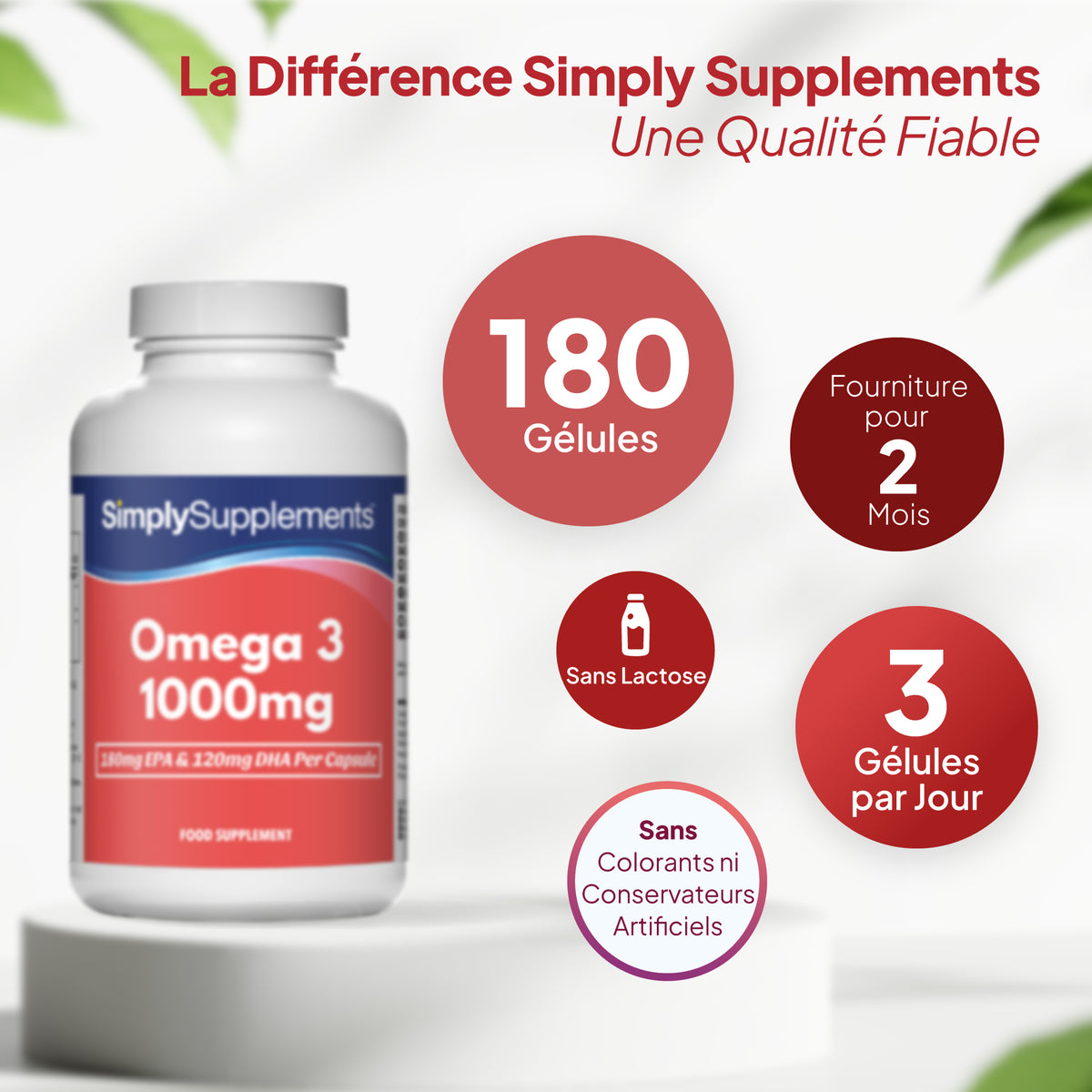 Un flacon du complément alimentaire « Simply Supplements Omega 3 1000 mg » présenté sur un socle blanc, accompagné d'un texte promotionnel en français et d'encadrés circulaires indiquant le nombre de gélules et les informations relatives à la prise.
