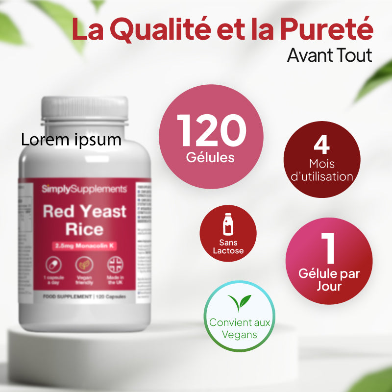 Un flacon du complément alimentaire « Red Yeast Rice » de SimplySupplements, présenté sur un socle blanc, avec un texte promotionnel en français et des encadrés circulaires indiquant « 120 gélules », « 4 mois d'utilisation », « sans lactose » et « adapté aux végétaliens ».