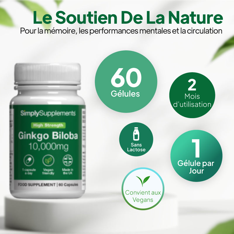 Illustration du complément alimentaire « Ginkgo Biloba » de Simply Supplements indiquant 60 gélules, une cure de 2 mois, 1 gélule par jour, une formule sans lactose et adaptée aux végétaliens.