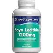 Flacon de compléments alimentaires portant l'étiquette « Lécithine de Soja 1200mg Simply Supplements », de couleur vert sur fond blanc.
