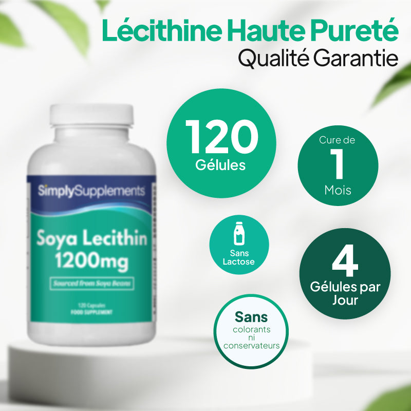 Un flacon de compléments alimentaires « SimplySupplements Soya Lecithine 1200 mg » posé sur un socle blanc, entouré de badges promotionnels verts indiquant « 120 gélules », « cure d'un mois », « 4 gélules par jour » et « sans lactose ni conservateurs ».