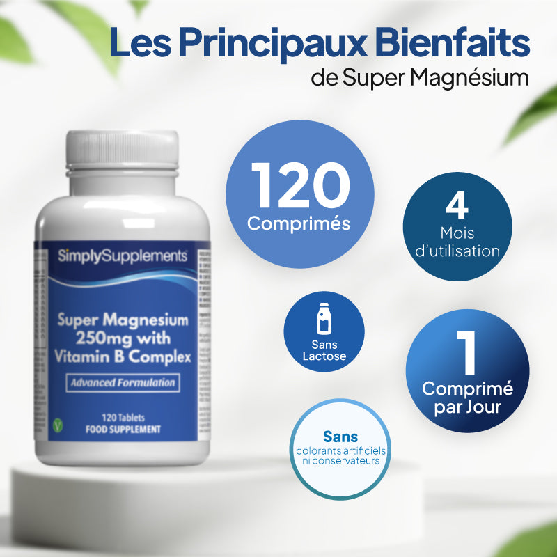 Simply Supplements Super Magnésium 250 mg avec complexe de vitamines B, 120 comprimés
