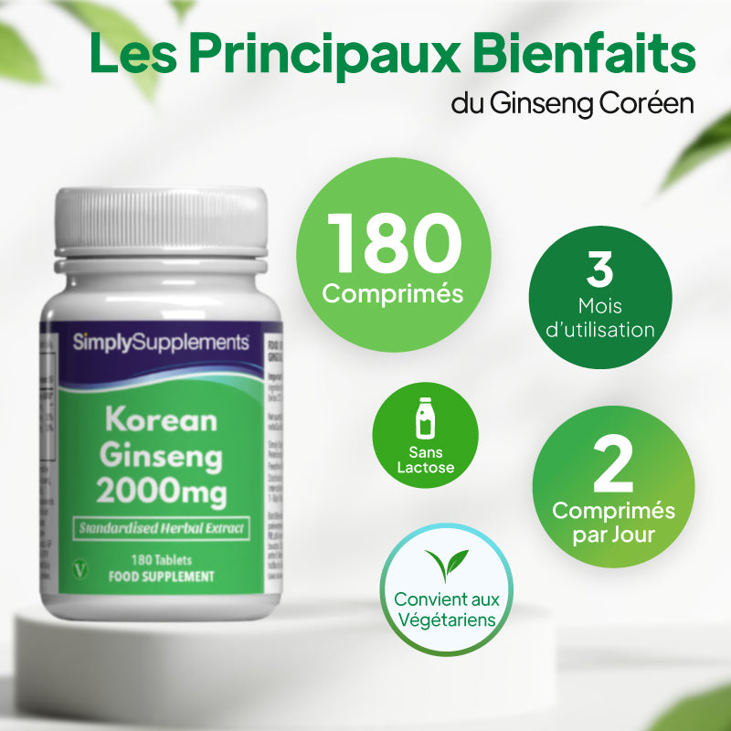 Comprimés de ginseng coréen – Approvisionnement pour 3 mois, 180 comprimés, 2 comprimés par jour