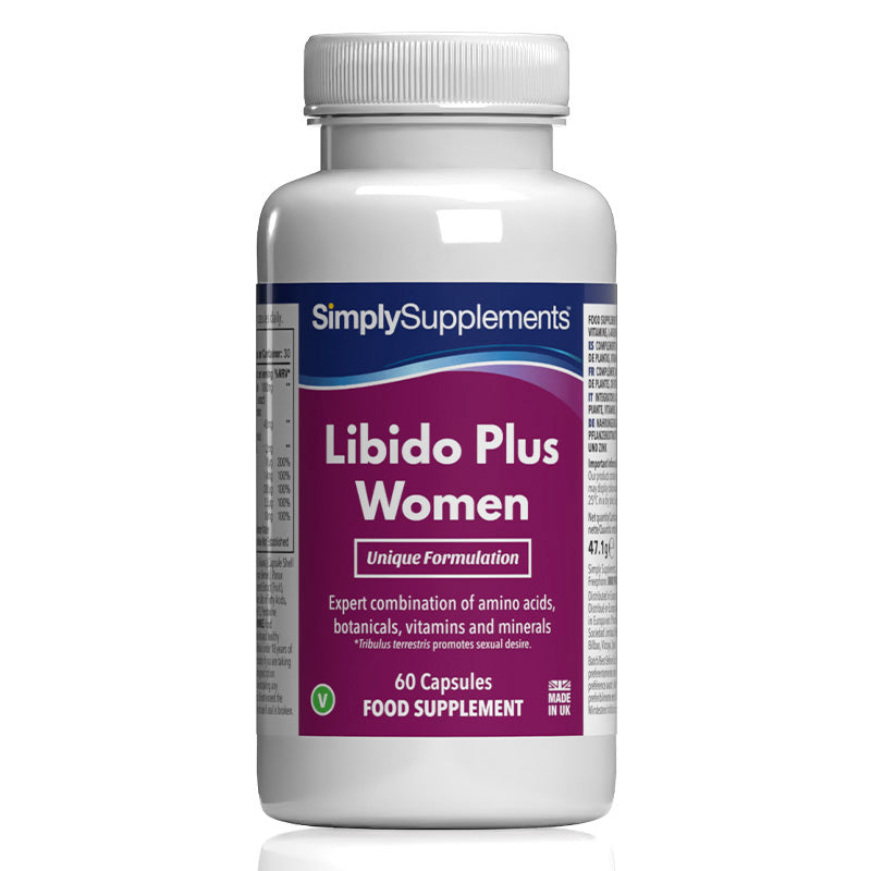 Flacon de compléments alimentaires portant l'étiquette « Libido Plus pour Femmes Simply Supplements », de couleur rose sur fond blanc.
