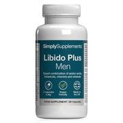 Flacon de compléments alimentaires portant l'étiquette « Libido Plus pour Hommes Simply Supplements », de couleur bleu sur fond blanc.
