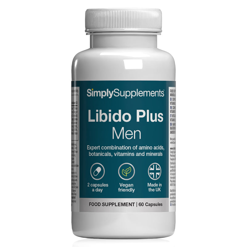 Flacon de compléments alimentaires portant l'étiquette « Libido Plus pour Hommes Simply Supplements », de couleur bleu sur fond blanc.

