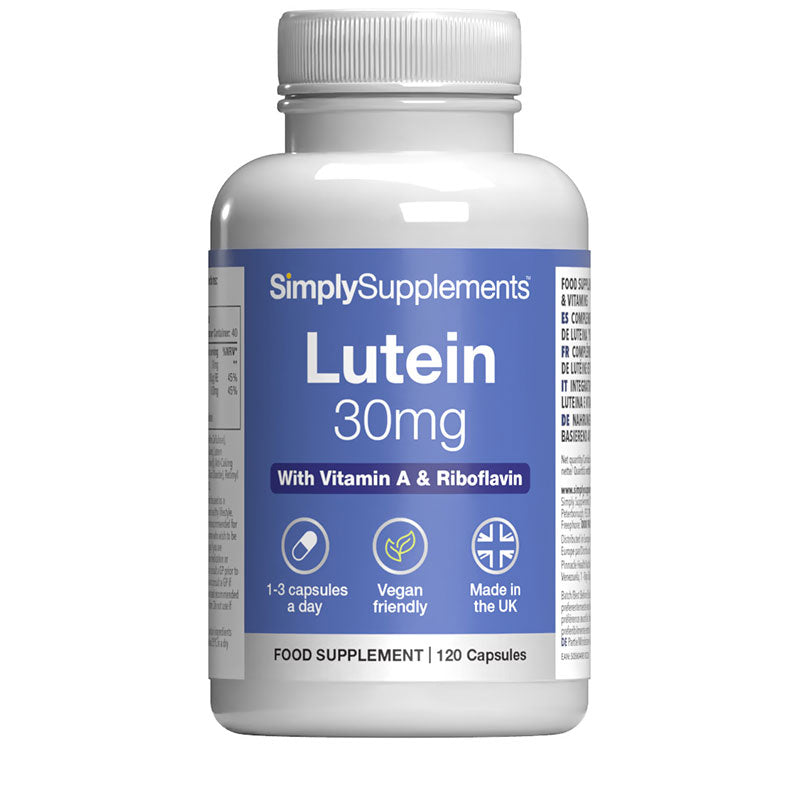Flacon de compléments alimentaires portant l'étiquette « Lutéine 30mg Simply Supplements », de couleur bleu sur fond blanc.
