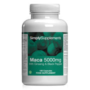 Flacon de compléments alimentaires portant l'étiquette « Maca 5000mg avec Ginseng et Poivre Noir Simply Supplements », de couleur violette sur fond blanc.
