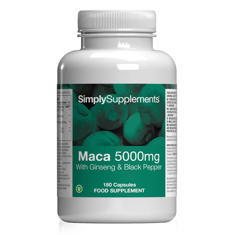 Flacon de compléments alimentaires portant l'étiquette « Maca 5000mg avec Ginseng et Poivre Noir Simply Supplements », de couleur violette sur fond blanc.
