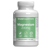 Flacon de compléments alimentaires portant l'étiquette « Magnésium 200mg Simply Supplements », de couleur vert sur fond blanc.
