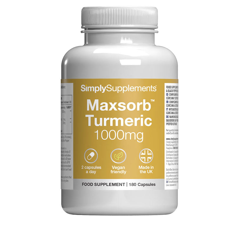 Flacon de compléments alimentaires portant l'étiquette « Maxsorb™ - Curcuma 1000mg Simply Supplements », de couleur jaune sur fond blanc.
