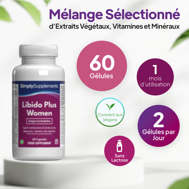 Complément alimentaire « Simply Supplements Libido Plus Women » : 60 gélules, cure d'un mois, 2 gélules par jour, adapté aux végétaliens et sans lactose.
