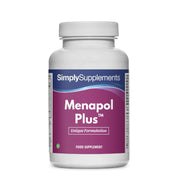 Flacon de compléments alimentaires portant l'étiquette « Menapol Plus Simply Supplements », de couleur rose sur fond blanc.
