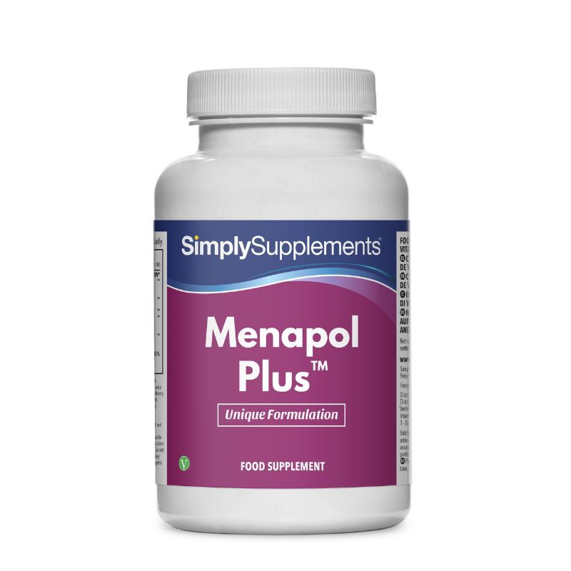 Flacon de compléments alimentaires portant l'étiquette « Menapol Plus Simply Supplements », de couleur rose sur fond blanc.

