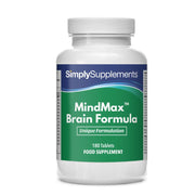 Flacon de compléments alimentaires portant l'étiquette « MindMax™ - Formule Cérébrale Simply Supplements », de couleur vert sur fond blanc.
