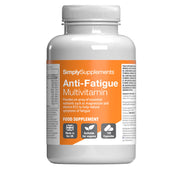 Flacon de compléments alimentaires portant l'étiquette « Multivitamines Anti-Fatigue Simply Supplements », de couleur orange sur fond blanc.

