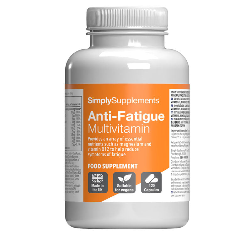 Flacon de compléments alimentaires portant l'étiquette « Multivitamines Anti-Fatigue Simply Supplements », de couleur orange sur fond blanc.
