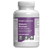 Flacon de compléments alimentaires portant l'étiquette « Multivitamines pour femmes - Formule 65 Plus Simply Supplements », de couleur violette sur fond blanc.
