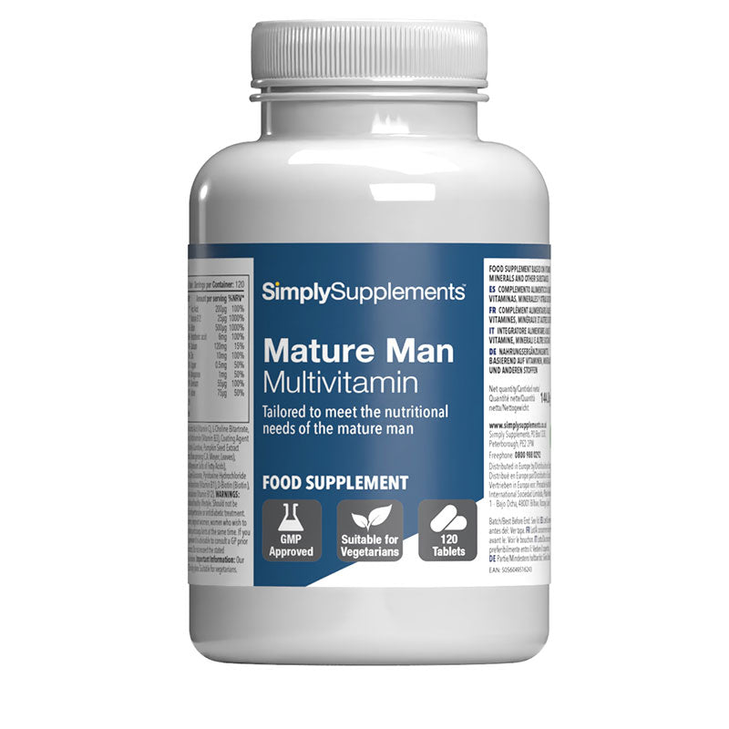 Flacon de compléments alimentaires portant l'étiquette « Multivitamines pour hommes - Formule 65 Plus Simply Supplements », de couleur bleu sur fond blanc.
