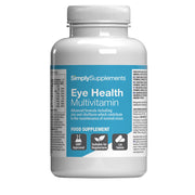 Flacon de compléments alimentaires portant l'étiquette « Multivitamines santé des yeux Simply Supplements », de couleur blue clair sur fond blanc.
