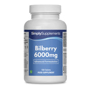 Flacon de compléments alimentaires portant l'étiquette « Myrtille Plus 6000mg Simply Supplements », de couleur bleu sur fond blanc.
