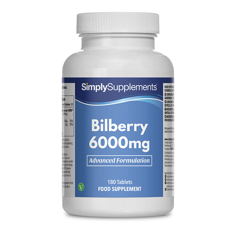 Flacon de compléments alimentaires portant l'étiquette « Myrtille Plus 6000mg Simply Supplements », de couleur bleu sur fond blanc.
