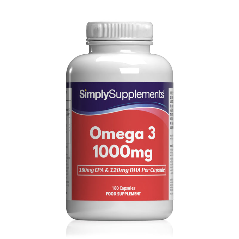 Flacon de compléments alimentaires portant l'étiquette «Oméga 3 1000mg Simply Supplements », de couleur rouge sur fond blanc.
