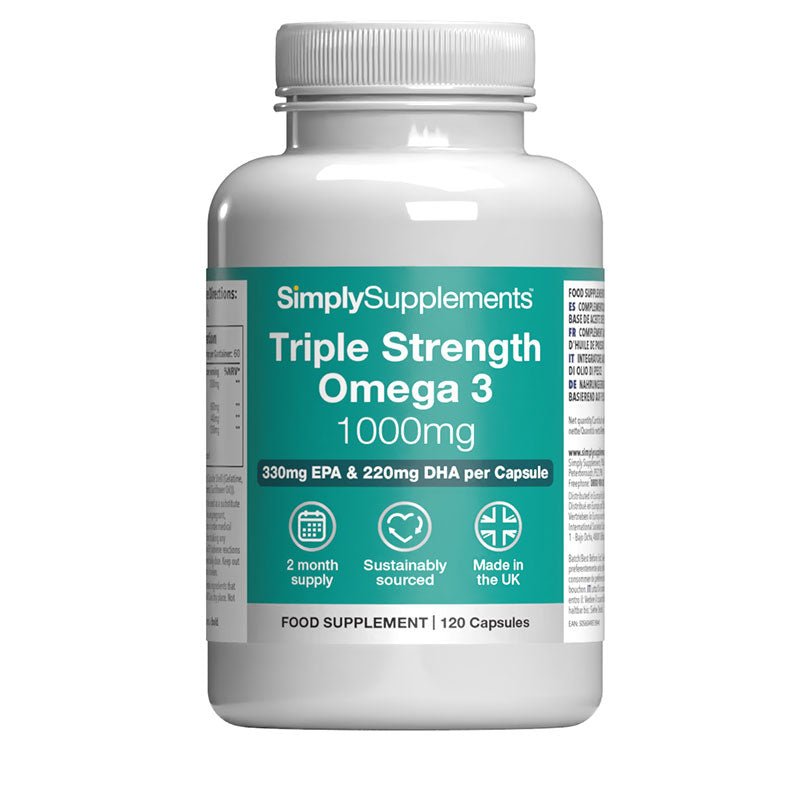 Flacon de compléments alimentaires portant l'étiquette « Oméga 3 1000mg Triple puissance Simply Supplements », de couleur vert sur fond blanc.