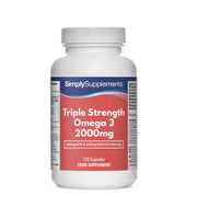 Flacon de compléments alimentaires portant l'étiquette « Oméga 3 2000mg Triple puissance Simply Supplements », de couleur rouge sur fond blanc.
