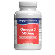 Flacon de compléments alimentaires portant l'étiquette « Oméga 3 500mg Simply Supplements », de couleur rouge sur fond blanc.
