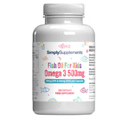 Flacon de compléments alimentaires portant l'étiquette « Oméga 3 500mg pour enfants Simply Supplements », de couleur blanc sur fond blanc.
