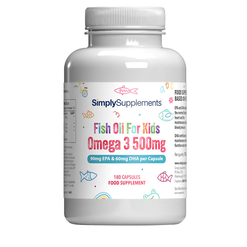 Flacon de compléments alimentaires portant l'étiquette « Oméga 3 500mg pour enfants Simply Supplements », de couleur blanc sur fond blanc.
