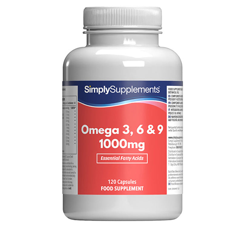 Flacon de compléments alimentaires portant l'étiquette « Oméga 3, 6 & 9 1000mg Simply Supplements », de couleur rouge sur fond blanc.
