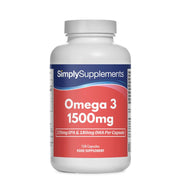 Flacon de compléments alimentaires portant l'étiquette « Oméga 3 Extra Fort 1500mg Simply Supplements », de couleur rouge sur fond blanc.
