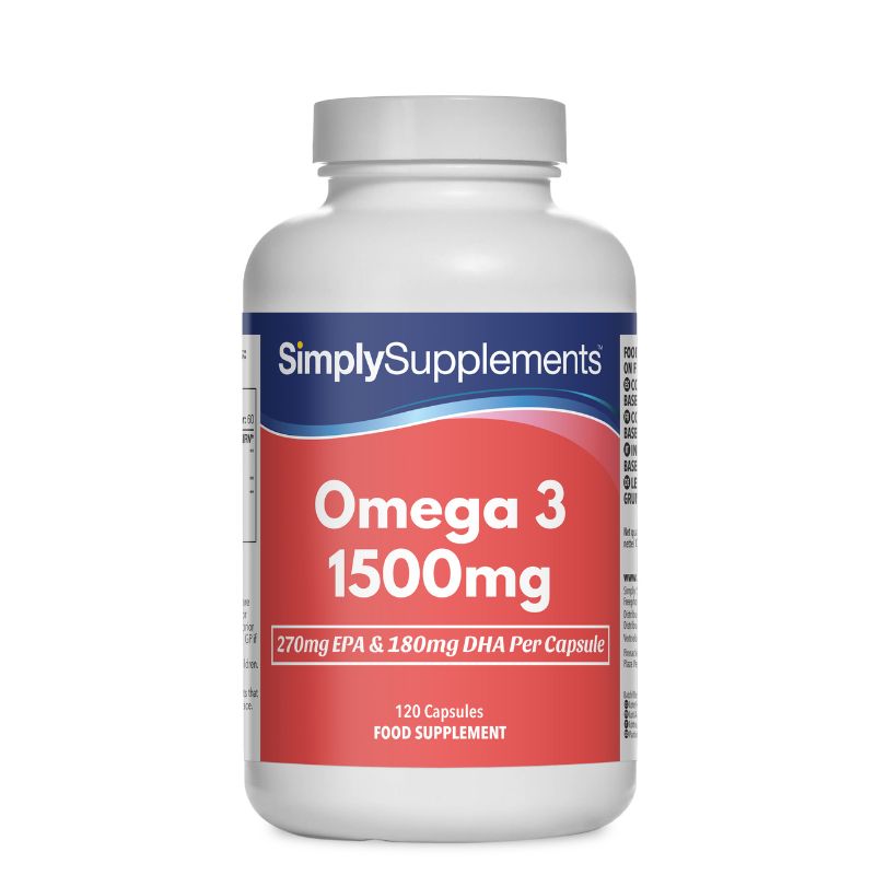 Flacon de compléments alimentaires portant l'étiquette « Oméga 3 Extra Fort 1500mg Simply Supplements », de couleur rouge sur fond blanc.

